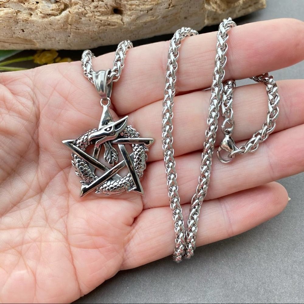 Unisex Stainless Steel Dragon Pentagram Wheat Chain Necklace